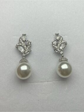 Floral Pearl Cz Diamond Cluster Earrings Bridal Bridesmaid Drop Pear